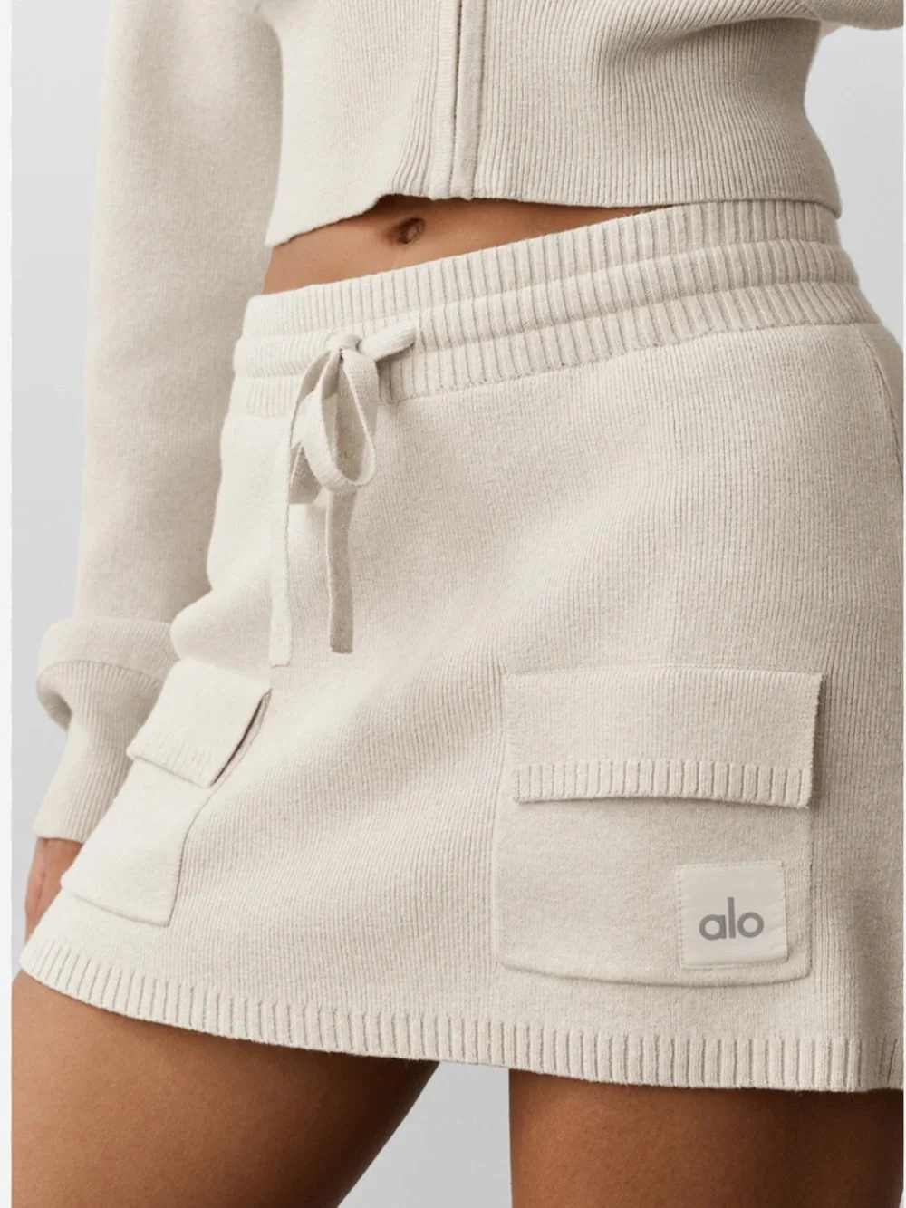 Alo Yoga Scholar Knit Luxury Athleisure Cargo Skirt Cotton Blend Oatmeal Heather